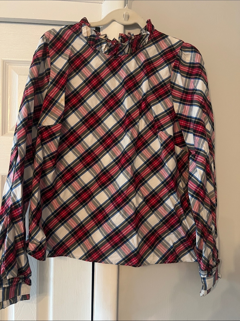 J. Crew Women’s Plaid Ruffle Neck Long-Sleeve Top - Red, White, Green, and Blue